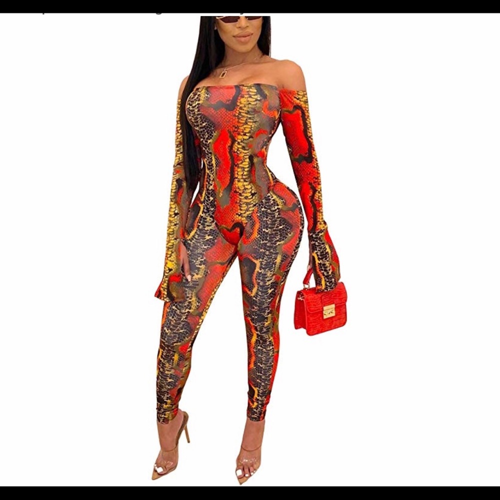 Red orange and yellow snake print two piece set